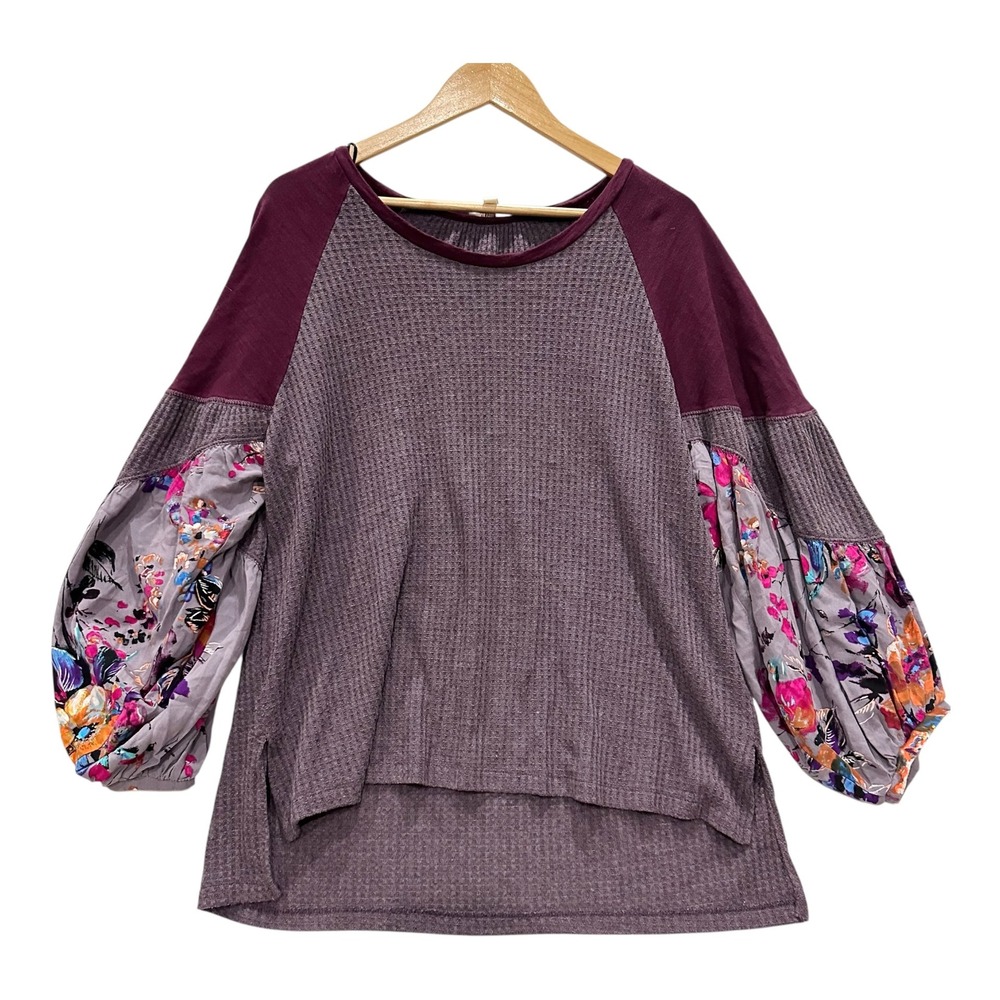 Umgee Waffle Knit Floral Balloon Sleeve Top Womens L Purple Boho